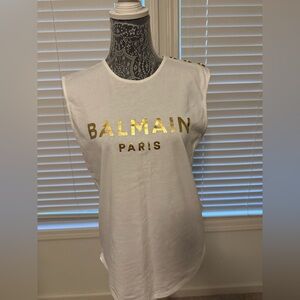 Balmain White muscle Top with Gold Lettering size small